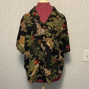 Erin London XL Linen Blend Tropical Animal Printed Button Down Blouse